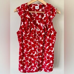CAbi Rosy Top Red & Cream Floral Ruffle Sleeveless Blouse Size Medium